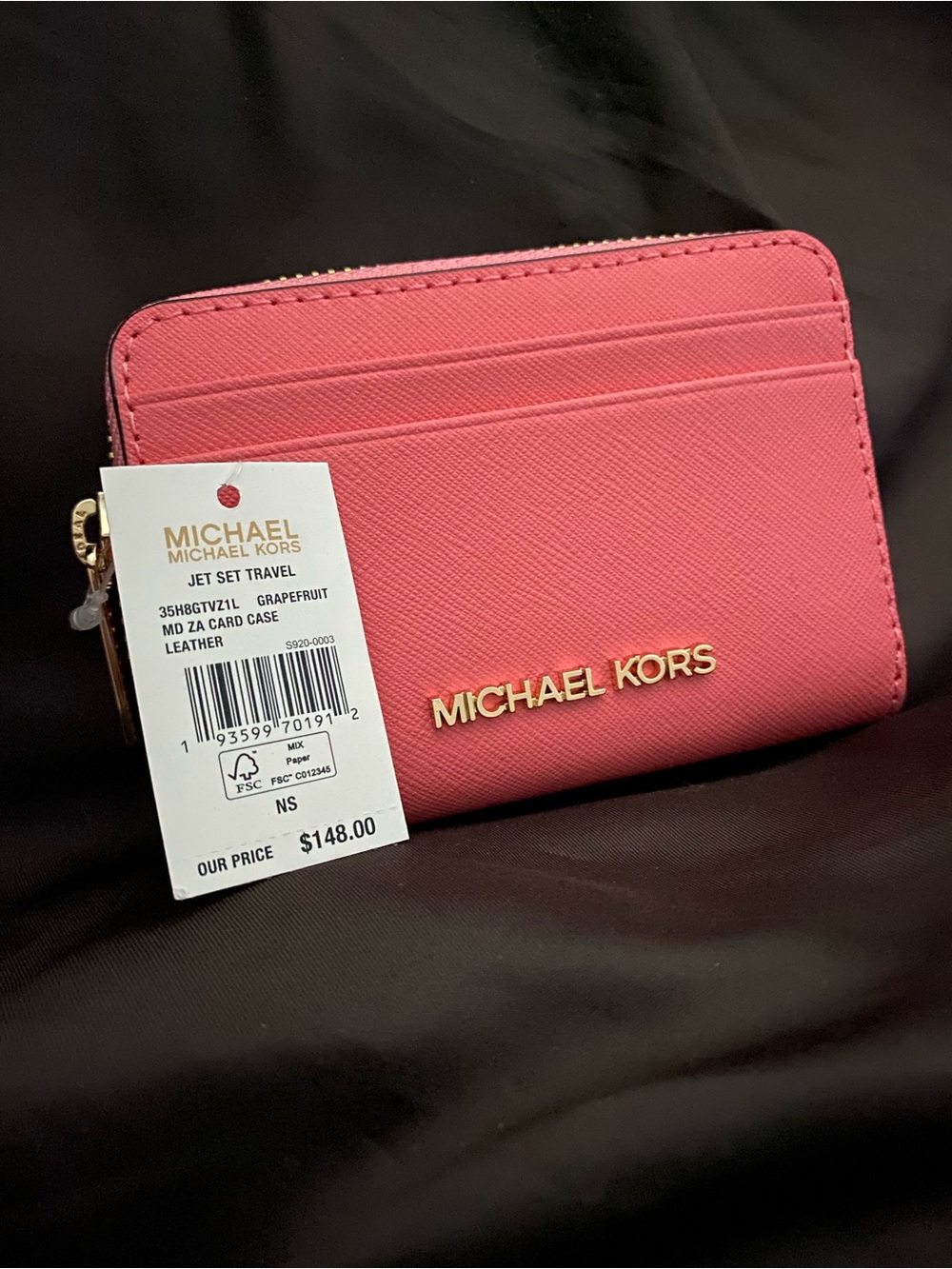 Michael Kors Pink Grapefruit Leather Zip Card Wallet